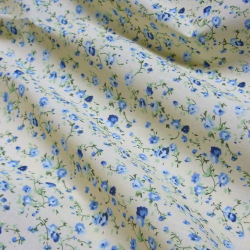 Cremefarbener Baumwoll-Polyester-Stoff mit blauen Blumen, Meterware von Nortex Mill