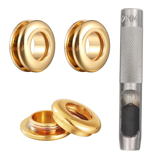 Notgia 6 Sets Messingösen, Ösen und Ösen, 8 mm Innenlochgröße mit 12 mm Lederlochstanzer, Werkzeug, Handtasche, Geldbörse, Hardware, Schraubösen für Reparatur und Herstellung von Lederhandwerk (Gold) von Notgia