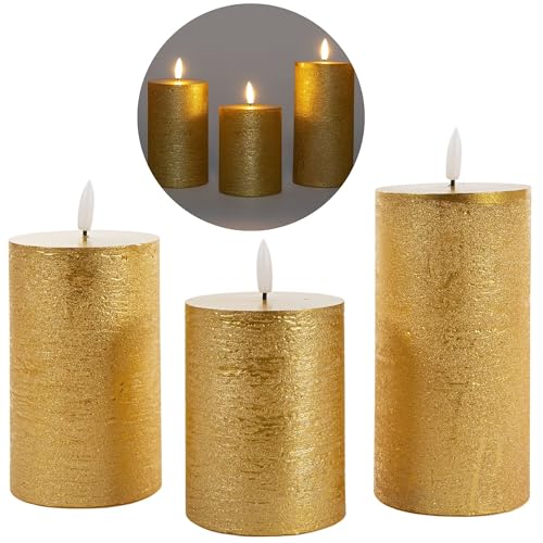 3er Set Led Kerzen 7,5cm ø Kerze flackernde Flamme mit Fernbedingung GOLD 15 cm + 12,5 cm + 10 cm Höhe, LED Kerzen mit Timerfunktion, 3 AAA Batterien nötig, LED Echtwachs Stumpenkerzen warmweiß von Novaliv