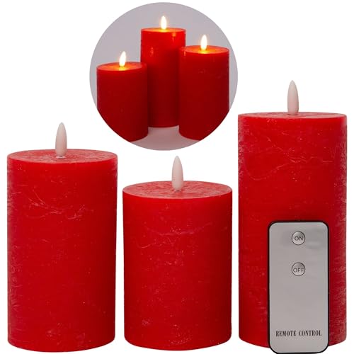 3er Set Led Kerzen 7,5cm ø Kerze flackernde Flamme mit Fernbedingung ROT 15 cm + 12,5 cm + 10 cm Höhe, LED Kerzen mit Timerfunktion, 3 AAA Batterien nötig, LED Echtwachs Stumpenkerzen warmweiß von Novaliv