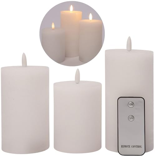 3er Set Led Kerzen 7,5cm ø Kerze flackernde Flamme mit Fernbedingung WEISS 15 cm + 12,5 cm + 10 cm Höhe, LED Kerzen mit Timerfunktion, 3 AAA Batterien nötig, LED Echtwachs Stumpenkerzen warmweiß von Novaliv