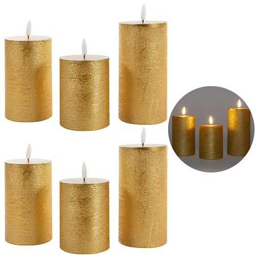 6er Set Led Kerzen 7,5cm ø Kerze flackernde Flamme mit Fernbedingung GOLD 15 cm + 12,5 cm + 10 cm Höhe, LED Kerzen mit Timerfunktion, 3 AAA Batterien nötig, LED Echtwachs Stumpenkerzen warmweiß von Novaliv