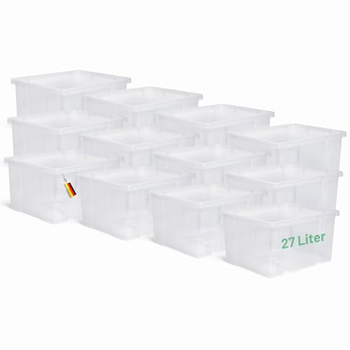 Novaliv 12x Aufbewahrungsboxen ohne Deckel 27L transparente Nestbar Drehstapelbox Euroboxen Kunststoffboxen BPA-frei 44,5x35,5x23 cm für Kistenregal von Novaliv