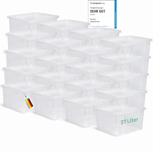 Novaliv 20x Aufbewahrungsboxen ohne Deckel 27L transparente Nestbar Drehstapelbox Euroboxen Kunststoffboxen BPA-frei 44,5x35,5x23 cm für Kistenregal von Novaliv