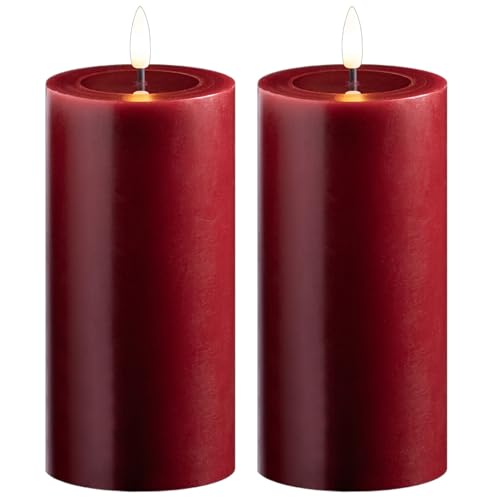 Novaliv 2er Set LED Stumpenkerzen groß rot Echtwachskerze mit beweglicher Flamme flackernd - Timerfunktion für 6 Stunden warmweißes Licht 7,5cm ø 15cm Höhe - 2 AA Batterien nötig Echtwachspiegel von Novaliv