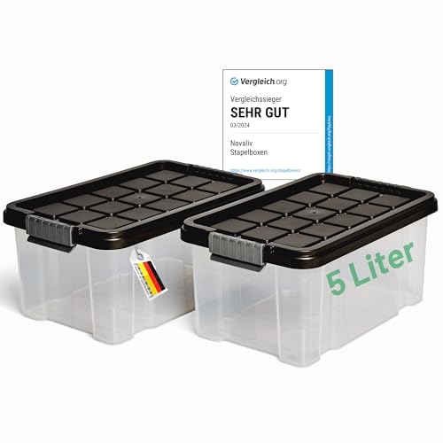 Novaliv 2x Aufbewahrungsboxen mit Deckel 5L Anthrazit Nestbar stapelbare Storage boxes mit Clipverschluss Kunststoff BPA-frei 30 x 19 x 14 cm von Novaliv