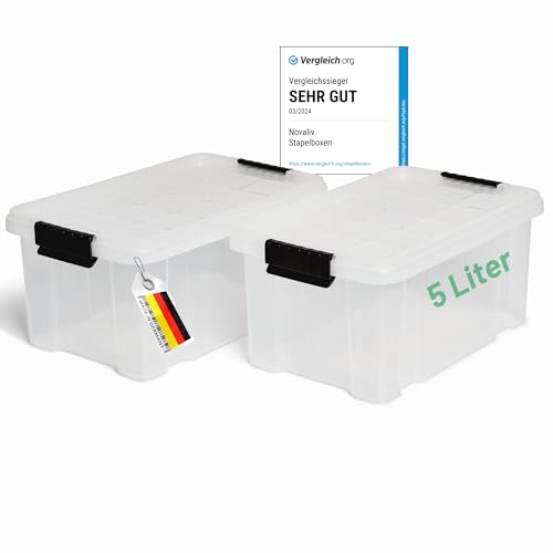 Novaliv 2x Aufbewahrungsboxen mit Deckel 5L transparente Nestbar stapelbare Storage boxes mit Clipverschluss Kunststoff BPA-frei 30 x 19 x 14 cm von Novaliv