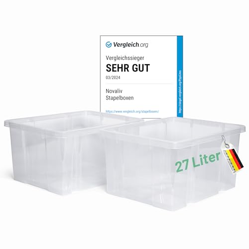 Novaliv 2x Aufbewahrungsboxen ohne Deckel 27L transparente Nestbar Drehstapelbox Euroboxen Kunststoffboxen BPA-frei 44,5x35,5x23 cm für Kistenregal von Novaliv