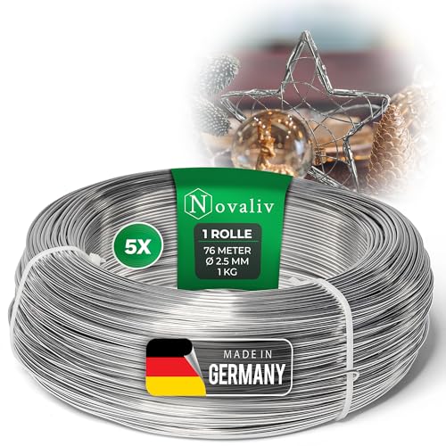 Novaliv 380 Meter Aluminiumdraht 2,5mm Silber, Basteldraht ideal als Biegedraht zum basteln, Vielseitig für DIY-Projekte und Dekorationen, 76m Rolle Dekodraht, Schmuckdraht, Blumendraht, Laternendraht von Novaliv