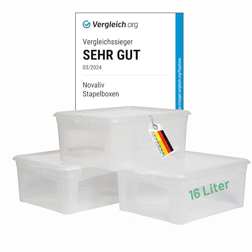 Novaliv 3x Aufbewahrungsboxen mit Deckel 16L transparente Boxen stapelbare Nestbar Storage boxes mit Clipverschluss Kunststoff BPA-frei 41x34x17 cm von Novaliv