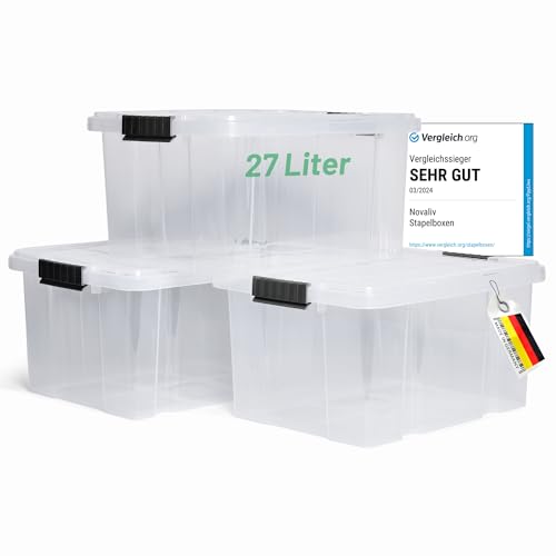 Novaliv 3x Aufbewahrungsboxen mit Deckel 27L transparente Nestbar stapelbare Storage boxes mit Clipverschluss Kunststoffbox BPA-frei 46,5x36,5x24 cm von Novaliv