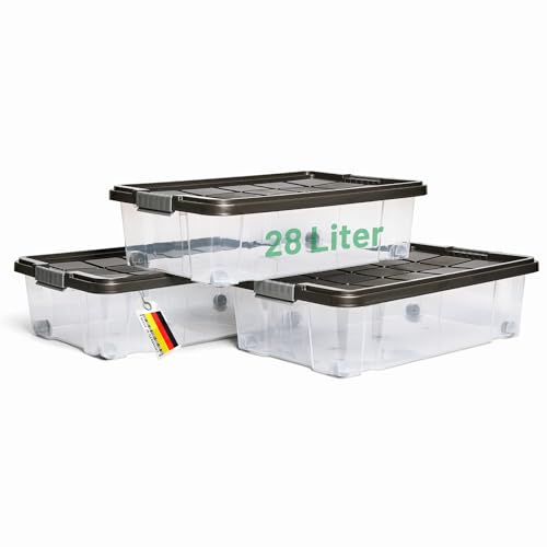 Novaliv 3x Unterbettkommode mit Rollen 28L Aufbewahrungsbox Deckel Anthrazit Nestbar stapelbare mit Clipverschluss Rollkiste BPA-frei 61x40x17 cm von Novaliv