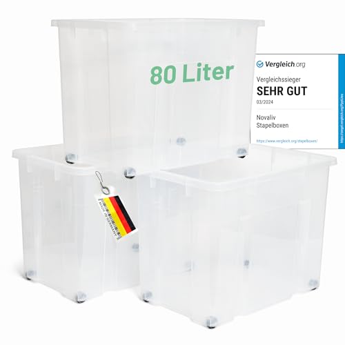 Novaliv 3x XXL Aufbewahrungsboxen ohne Deckel Groß 80L transparente nestbar stapelbar Rollboxen Kunststoff BPA-frei 59x39x44 cm von Novaliv