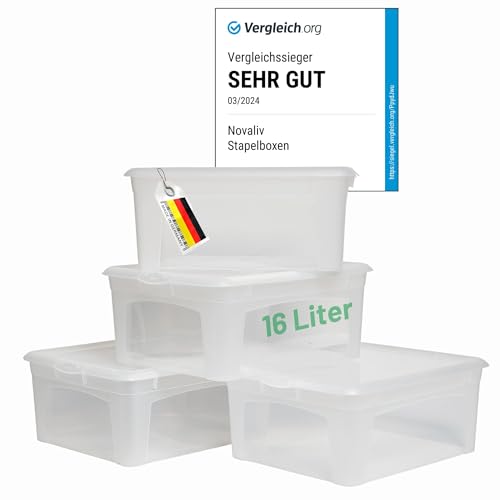 Novaliv 4x Aufbewahrungsboxen mit Deckel 16L transparente Boxen stapelbare Nestbar Storage boxes mit Clipverschluss Kunststoff BPA-frei 41x34x17 cm von Novaliv