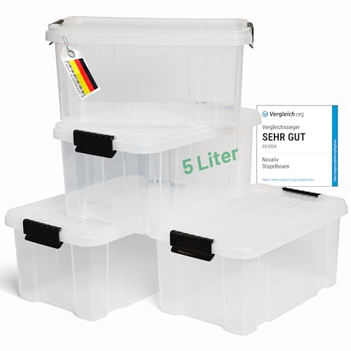 Novaliv 4x Aufbewahrungsboxen mit Deckel 5L transparente Nestbar stapelbare Storage boxes mit Clipverschluss Kunststoff BPA-frei 30 x 19 x 14 cm von Novaliv