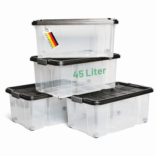 Novaliv 4x Aufbewahrungsboxen mit Deckel Groß 45L Anthrazit Nestbar stapelbar mit Clipverschluss Rollboxen Kunststoff BPA-frei 61x40x26 cm von Novaliv