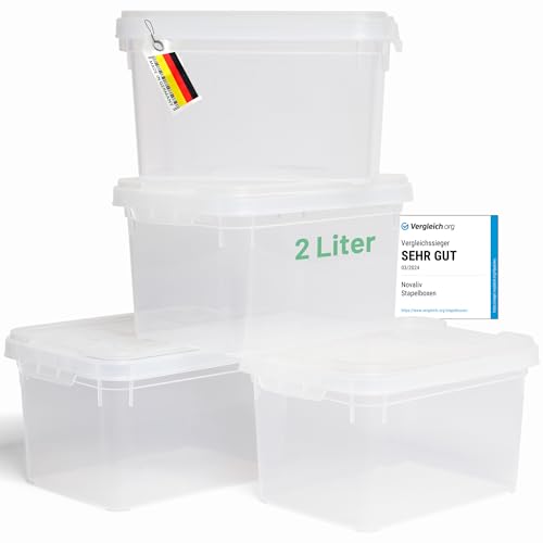 Novaliv 4x Aufbewahrungsboxen mit Deckel klein 2 L transparente Nestbar stapelbare Plastikboxen mit Clipverschluss Kunststoff BPA-frei 19 x 14 x 11 cm von Novaliv