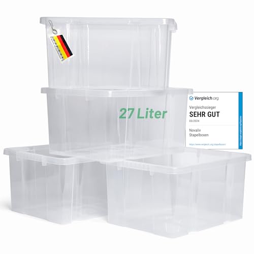 Novaliv 4x Aufbewahrungsboxen ohne Deckel 27L transparente Nestbar Drehstapelbox Euroboxen Kunststoffboxen BPA-frei 44,5x35,5x23 cm für Kistenregal von Novaliv