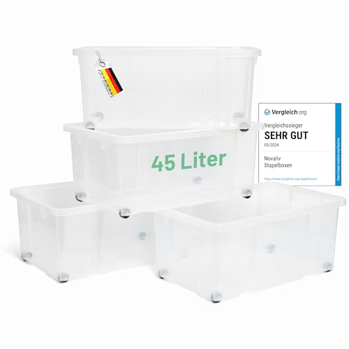 Novaliv 4x Aufbewahrungsboxen ohne Deckel Groß 45L transparente Nestbar stapelbar Rollboxen Kunststoff BPA-frei 59x39x25 cm von Novaliv