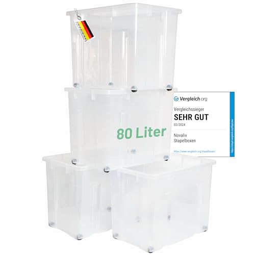 Novaliv 4x XXL Aufbewahrungsboxen ohne Deckel Groß 80L transparente nestbar stapelbar Rollboxen Kunststoff BPA-frei 59x39x44 cm von Novaliv