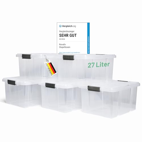 Novaliv 5x Aufbewahrungsboxen mit Deckel 27L transparente Nestbar stapelbare Storage boxes mit Clipverschluss Kunststoffbox BPA-frei 46,5x36,5x24 cm von Novaliv