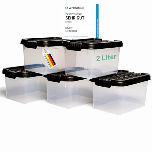 Novaliv 5x Aufbewahrungsboxen mit Deckel klein 2 L Anthrazit Nestbar stapelbare Plastikboxen mit Clipverschluss Kunststoff BPA-frei 19 x 14 x 11 cm von Novaliv