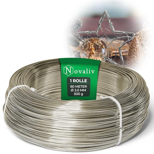 Novaliv 60 Meter Aluminiumdraht 2mm Champagner, Basteldraht ideal als Biegedraht zum basteln, Vielseitig für DIY-Projekte und Dekorationen, 60m Rolle Dekodraht, Blumendraht, kein Schmuckdraht von Novaliv