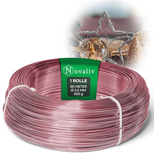 Novaliv 60 Meter Aluminiumdraht 2mm Rosa, Basteldraht ideal als Biegedraht zum basteln, Vielseitig für DIY-Projekte und Dekorationen, 60m Rolle Dekodraht, Blumendraht, kein Schmuckdraht von Novaliv