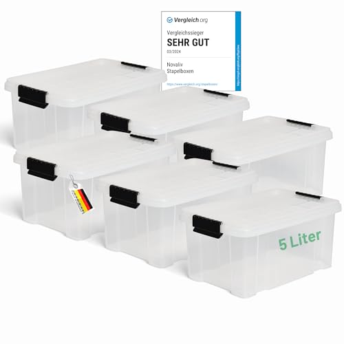 Novaliv 6x Aufbewahrungsboxen mit Deckel 5L transparente Nestbar stapelbare Storage boxes mit Clipverschluss Kunststoff BPA-frei 30 x 19 x 14 cm von Novaliv