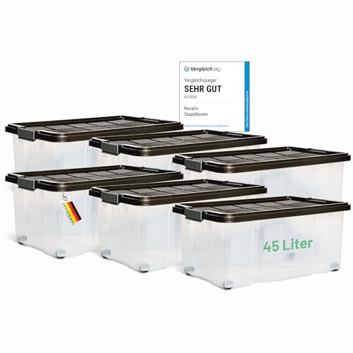 Novaliv 6x Aufbewahrungsboxen mit Deckel Groß 45L Anthrazit Nestbar stapelbar mit Clipverschluss Rollboxen Kunststoff BPA-frei 61x40x26 cm von Novaliv