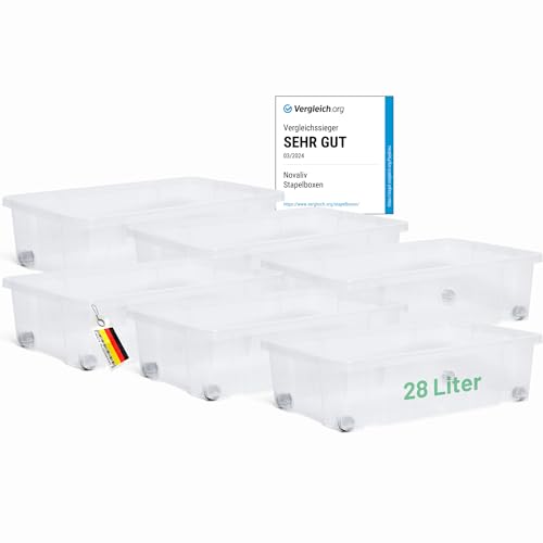 Novaliv 6x Unterbettkommode ohne Deckel 28L Aufbewahrungsbox transparente Nestbar stapelbare Rollkiste BPA-frei 59x39x16 cm von Novaliv