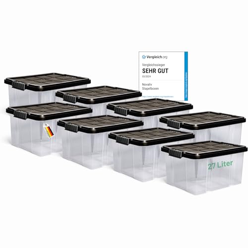 Novaliv 8x Aufbewahrungsboxen mit Deckel 27L Anthrazit Nestbar stapelbare Storage boxes mit Clipverschluss Kunststoffbox BPA-frei 46,5x36,5x24 cm von Novaliv