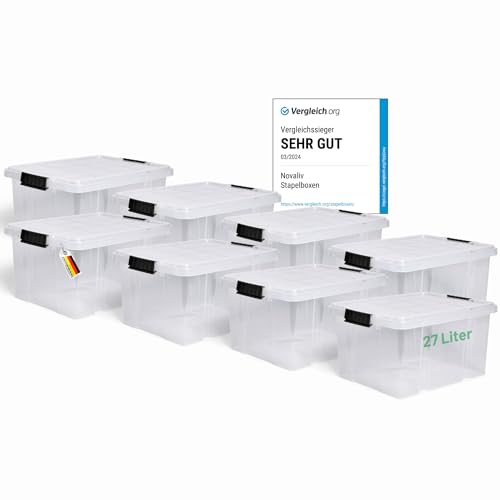 Novaliv 8x Aufbewahrungsboxen mit Deckel 27L transparente Nestbar stapelbare Storage boxes mit Clipverschluss Kunststoffbox BPA-frei 46,5x36,5x24 cm von Novaliv