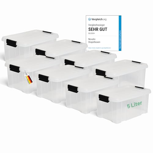 Novaliv 8x Aufbewahrungsboxen mit Deckel 5L transparente Nestbar stapelbare Storage boxes mit Clipverschluss Kunststoff BPA-frei 30 x 19 x 14 cm von Novaliv
