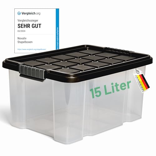 Novaliv Aufbewahrungsbox mit Deckel 15L Anthrazit Nestbar stapelbare Plastikbox mit Clipverschluss Eurobox Kunststoffbox BPA-frei 41 x 29 x 20 cm von Novaliv