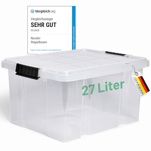 Novaliv Aufbewahrungsbox mit Deckel 27L transparente Nestbar stapelbare Plastikbox mit Clipverschluss Eurobox Kunststoffbox BPA-frei 46,5x36,5x24 cm von Novaliv