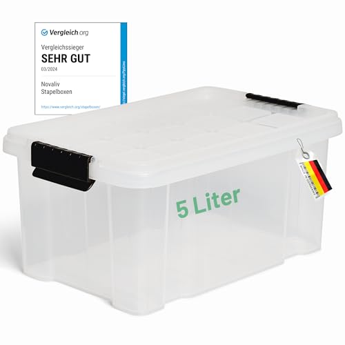 Novaliv Aufbewahrungsbox mit Deckel 5L transparente Nestbar stapelbare Plastikbox mit Clipverschluss Eurobox Kunststoff BPA-frei 30 x 19 x 14 cm von Novaliv