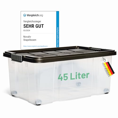 Novaliv Aufbewahrungsbox mit Deckel Groß 45L Anthrazit Nestbar stapelbare Plastikbox mit Clipverschluss Eurobox mit Deckel BPA-frei 61x40x26 cm von Novaliv