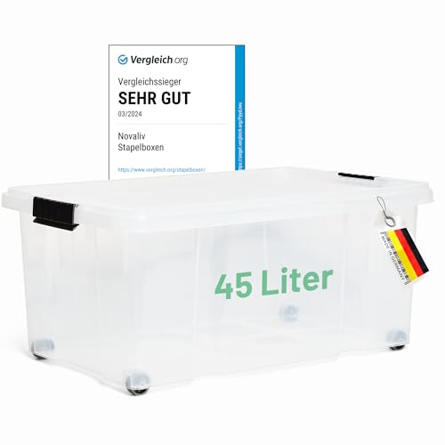 Novaliv Aufbewahrungsbox mit Deckel Groß 45L transparente Nestbar stapelbare Plastikbox mit Clipverschluss Eurobox mit Deckel BPA-frei 61x40x26 cm von Novaliv