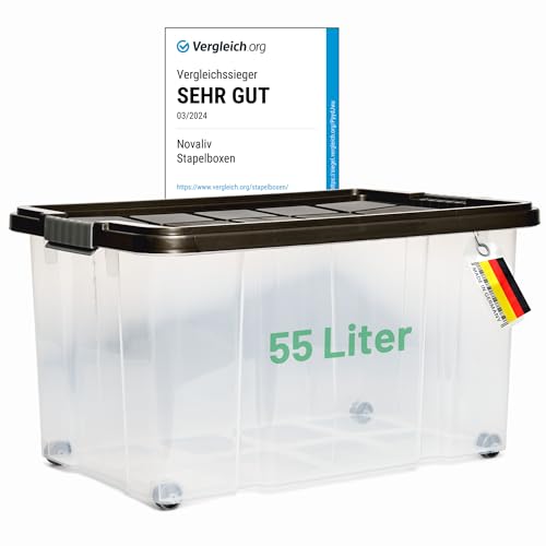 Novaliv Aufbewahrungsbox mit Deckel Groß 55L Anthrazit Nestbar stapelbare Plastikbox mit Clipverschluss Eurobox mit Deckel BPA-frei 61x40x32,5 cm von Novaliv