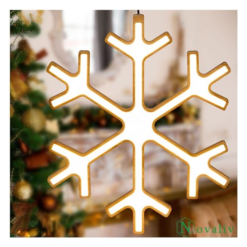 Novaliv LED Schneeflocke Lampe 30cm Ø Naturholz Hängelampe Wohnzimmer LED Warmweiß Flocke beleuchtet innen - Innendeko Fensterdeko für Weihnachtszeit Nachttischlampe Weihnachtsbeleuchtung von Novaliv