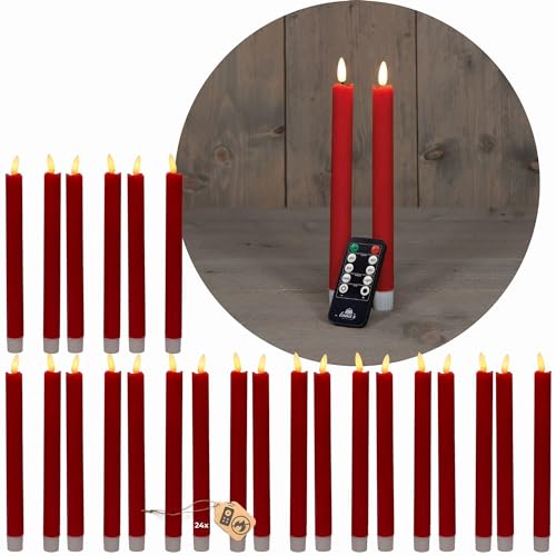 Novaliv LED Stabkerzen 24 Stück ECHTWACHS ROT - mit Timer Funktion 6 Stunden - 18cm Höhe für Kerzen 2,2cm Durchmesser 2 AAA Batterien notwendig LED Stabkerzen 4er Set 6x ROT bewegliche Flamme Licht von Novaliv