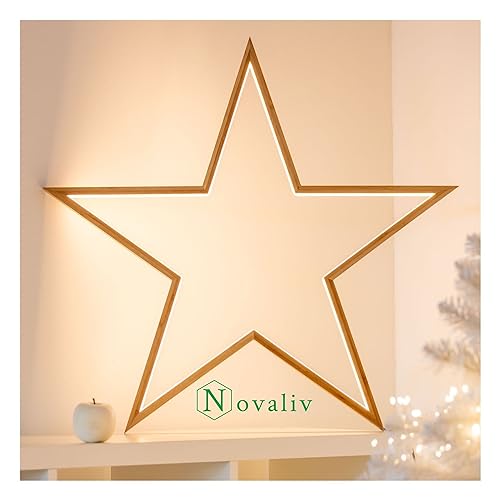 Novaliv LED Stern Lampe 75cm Ø Naturholz Hängelampe Wohnzimmer LED Warmweiß Weihnachtsstern beleuchtet innen - Innendeko Fensterdeko für Weihnachtszeit Nachttischlampe Weihnachtsbeleuchtung von Novaliv