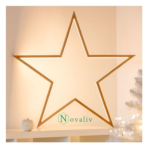 Novaliv LED Sterne Lampe 2er Set - 35cm Naturholz Hängelampen Wohnzimmer LED Warmweiß Weihnachtssterne beleuchtet innen - Innendeko Fensterdeko für Weihnachtszeit Nachttischlampen von Novaliv