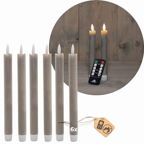 Novaliv Stabkerzen LED mit Timer TAUPE GRAU 6 Stück Indoor 6 Stunden ECHTWACHS 18cm Höhe für Kerzen 2,2cm Durchmesser 2 AAA Batterien notwendig LED Stabkerzen 4er Set 2x bewegliche Flamme Licht von Novaliv