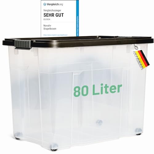 Novaliv XXL Aufbewahrungsbox mit Deckel Groß 80L Anthrazit Nestbar stapelbare Plastikbox mit Clipverschluss Eurobox mit Deckel BPA-frei 61x40x45 cm von Novaliv