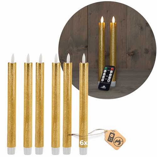 Stabkerzen LED mit Timer GOLD 6 Stück Indoor 6 Stunden ECHTWACHS 18cm Höhe für Kerzen 2,2cm Durchmesser 2 AAA Batterien notwendig LED Stabkerzen 4er Set GOLD (zwei Mal) bewegliche Flamme Licht von Novaliv