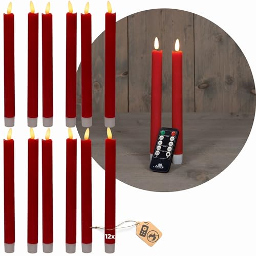 Stabkerzen LED mit Timer ROT 12 Stück indoor - 6 Stunden - ECHTWACHS 18cm Höhe für Kerzen 2,2cm Durchmesser 2 AAA Batterien notwendig LED Stabkerzen 4er Set ROT (drei Mal) bewegliche Flamme Licht von Novaliv