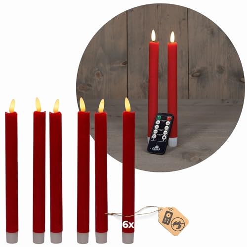 Stabkerzen LED mit Timer ROT 6 Stück indoor - 6 Stunden - ECHTWACHS 18cm Höhe für Kerzen 2,2cm Durchmesser 2 AAA Batterien notwendig LED Stabkerzen 4er Set ROT (zwei Mal) bewegliche Flamme Licht von Novaliv