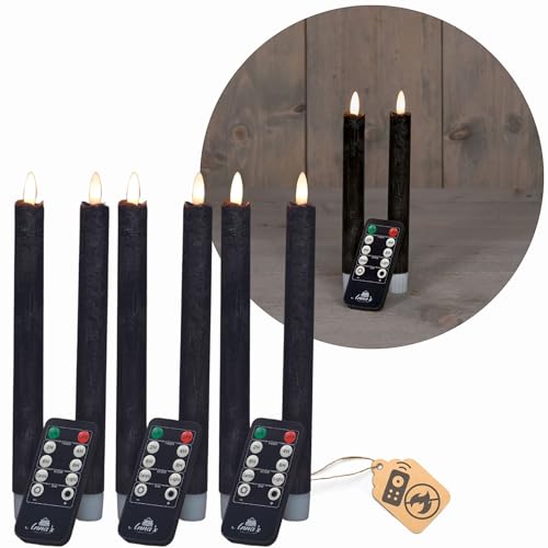 Stabkerzen LED mit Timer SCHWARZ 6 Stück Indoor 6 Stunden ECHTWACHS 18cm Höhe für Kerzen 2,2cm Durchmesser 2 AAA Batterien notwendig LED Stabkerzen 4er Set SCHWARZ (zwei Mal) bewegliche Flamme Licht von Novaliv